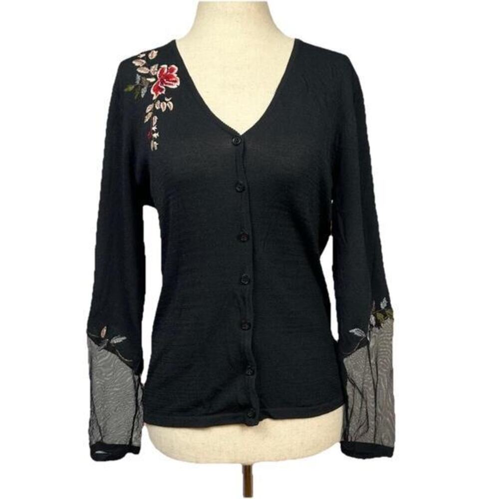 Vintage Alfani Women’s Floral Embroidered Cardigan Mesh SP Dark Boho Whimsigoth‎